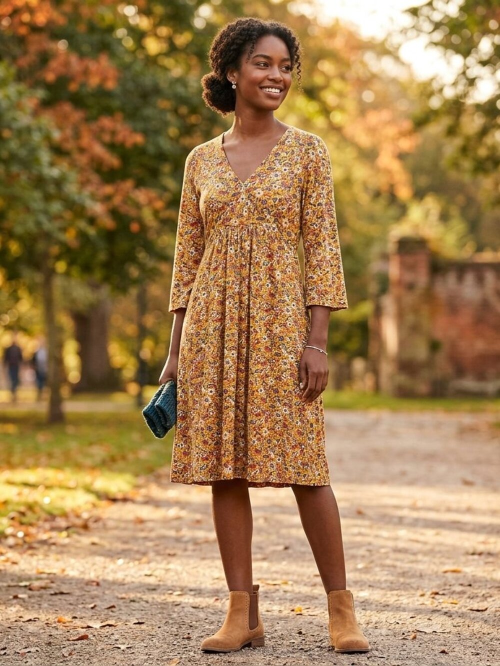 Boden Livia Dress US 4L 4 Long Mustard Floral Paisley 3/4 Sleeve Jersey Midi